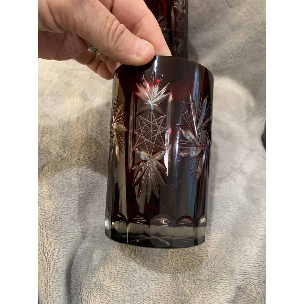 SET OF 4 RUBY RED BOHEMIAN CRYSTAL CUT TO CLEAR WHISKEY TUMBLER BAR GLASSES - Picture 9 of 14